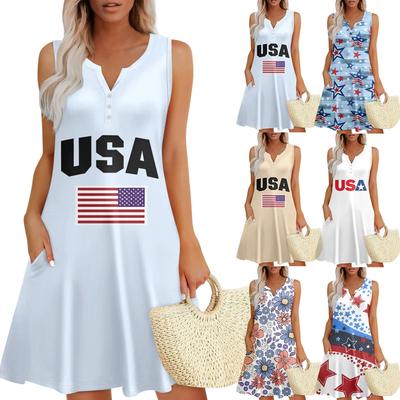 Damen Sommer Lässig V-Ausschnitt Floral Unabhängigkeitstag Knopfleiste Kleid Mit Taschen