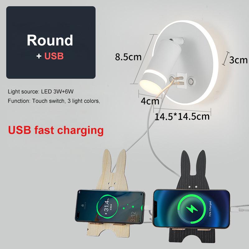 

Настенный светильник для чтения USB-зарядка Настенный светильник Круглый прикроватный светильник Освещение в помещении Декор спальни Гостиной Столовой отеля 3 light colors