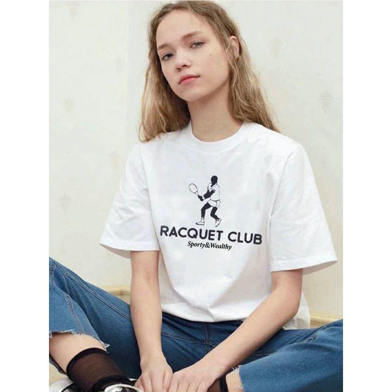 American Retro Sports Style Short Sleeve T-shirt Female Loose Cotton Crew Neck Casual Easiest for Match Vintage Shoulder Half Sleeve