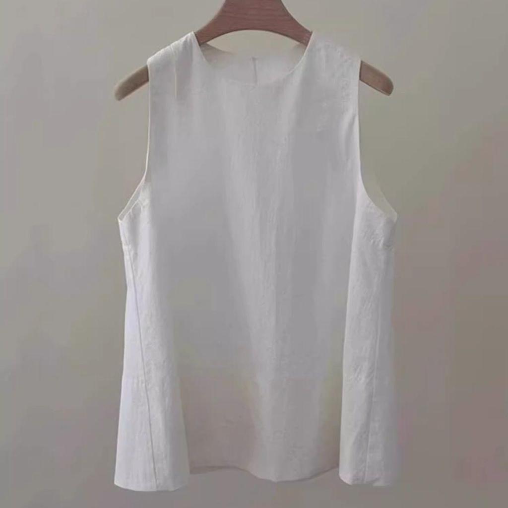 Chic Korean Style Women's White Sleeveless Bamboo Cotton Linen Vest 2026 Summer Design