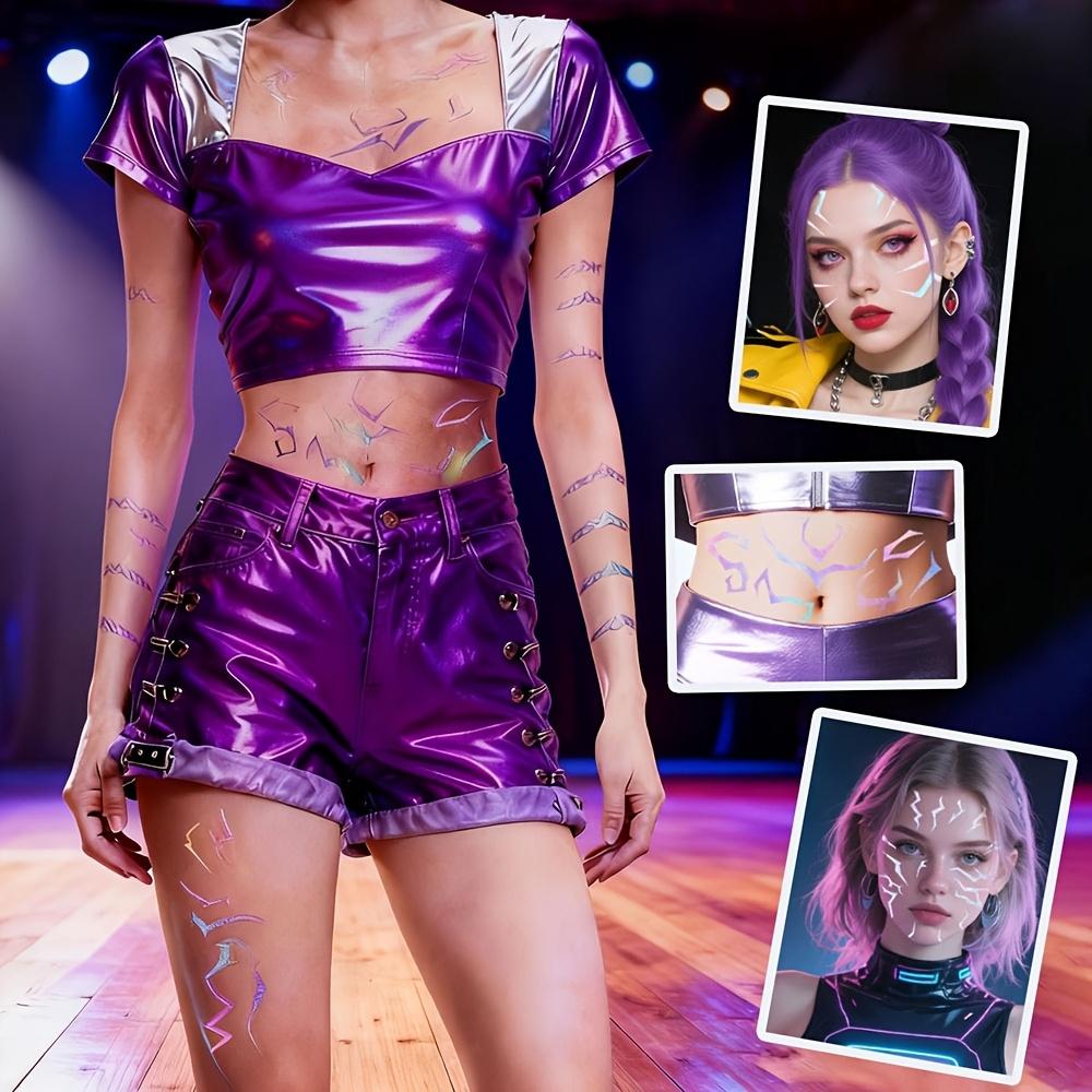 4pcs Large Kpop Purple Makeup Tattoo Stickers - Demon Body Art with Laser Lightning Effects,Temporary Tattoos for Parties