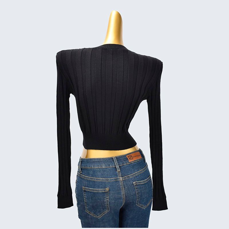 Export Cut Label Round Neck Short Long-Sleeved Knitting Bottoming Shirt Pullover Sunken Stripe Inner Wear Autumn Women's High Waist Crop Top