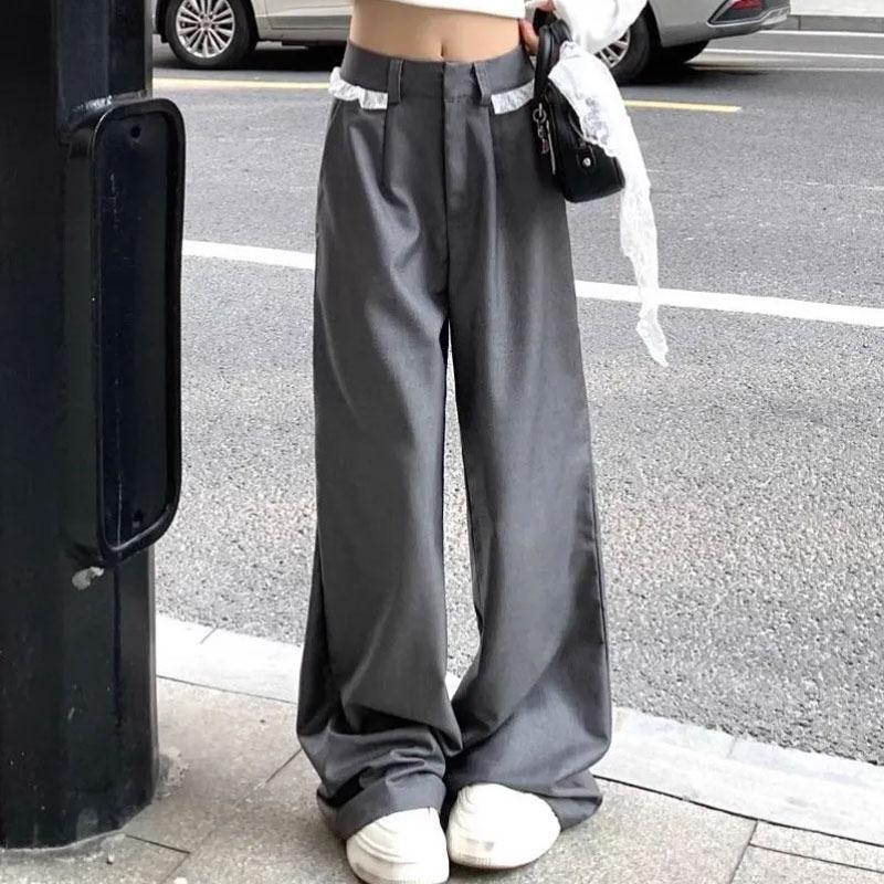

Women High Waist Lace Trim Wide Leg Pants Loose Pleated Trousers Casual Gray S серый