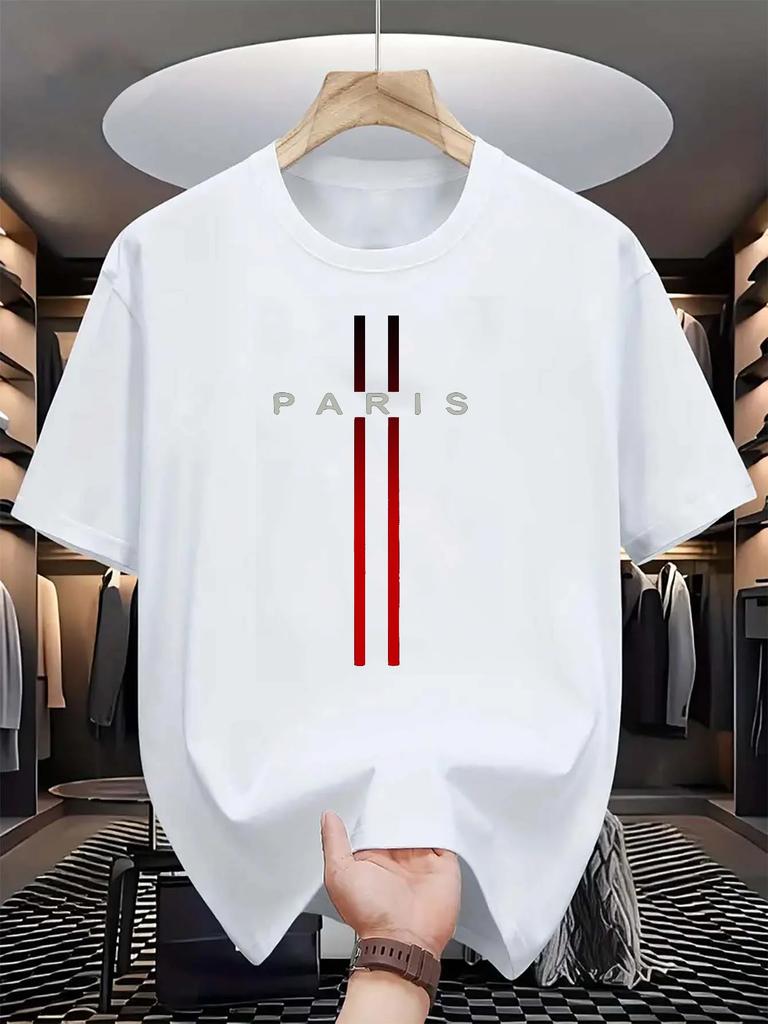 Men's 100% Pure Cotton Summer Casual Loose Fashion Paris Letter Printed Comfortable Round Neck Short Sleeved T-shirt Top