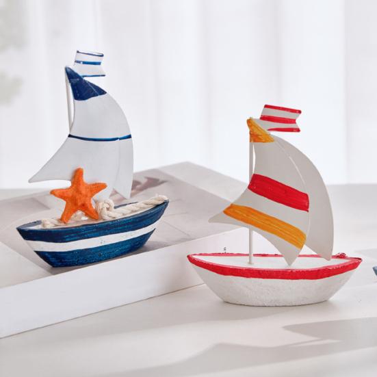 Sailboat Ornament, Wooden Iron Desktop Figure, Small Nautical Tabletop Decoration, Blue White Striped Lifebuoy Starfish Marine Style Ornament
