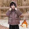 Kids Winter Children's Mid Length Plaid Down Jacket Windproof  Waterproof  Warm Hooded Jacket  College Style