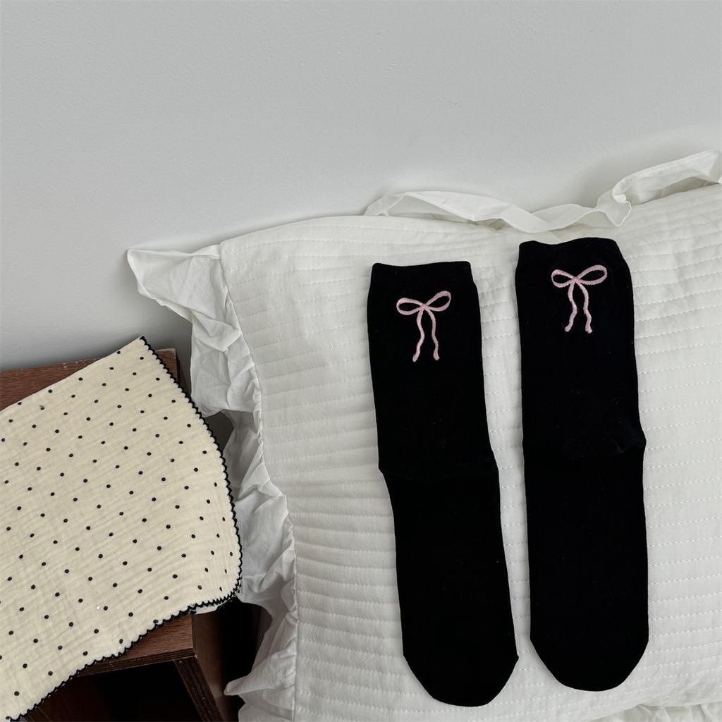 Dotted Yarn Wool Bow Woolen Socks Thickened Warm Solid Color Mid-Tube Cashmere Stack Socks