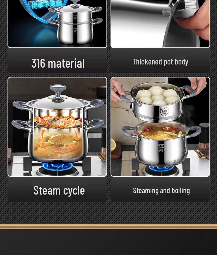 316 Stainless Steel Rivetless Stew Pot with Two-Layer Silicone, Large Capacity for Steaming and Simmering.