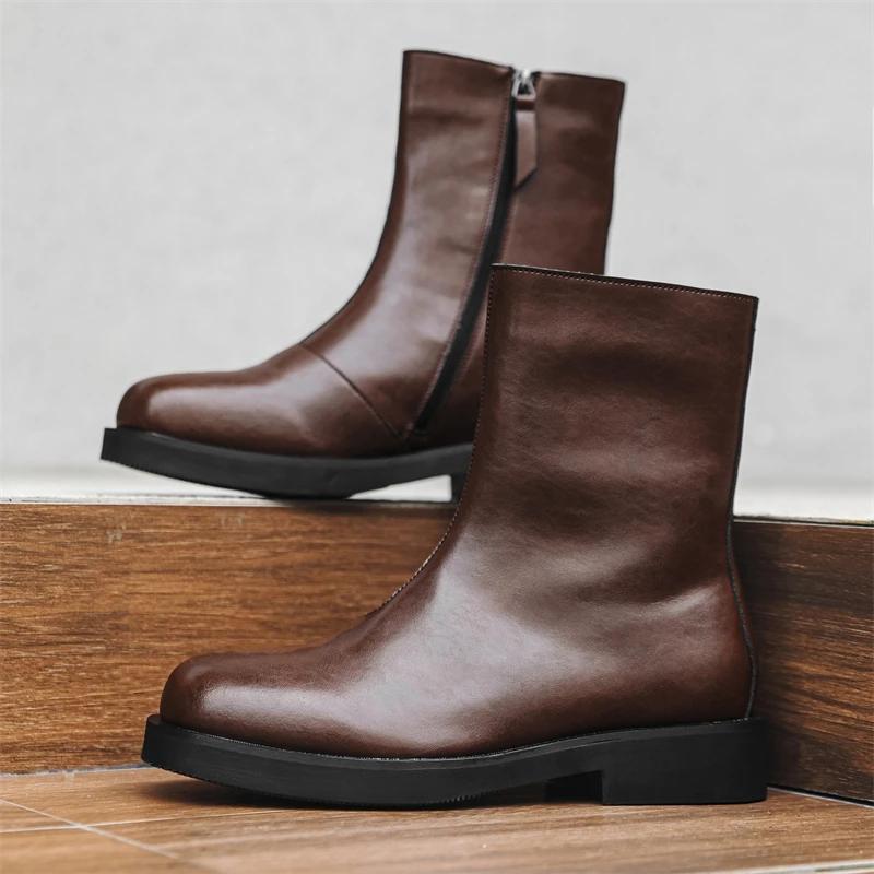Fashion Thick Bottom Leather Men Chelsea Boots Outdoor Man Mid-Calf Boots High Top Casual Shoes Classic Spring Autumn Male Botas