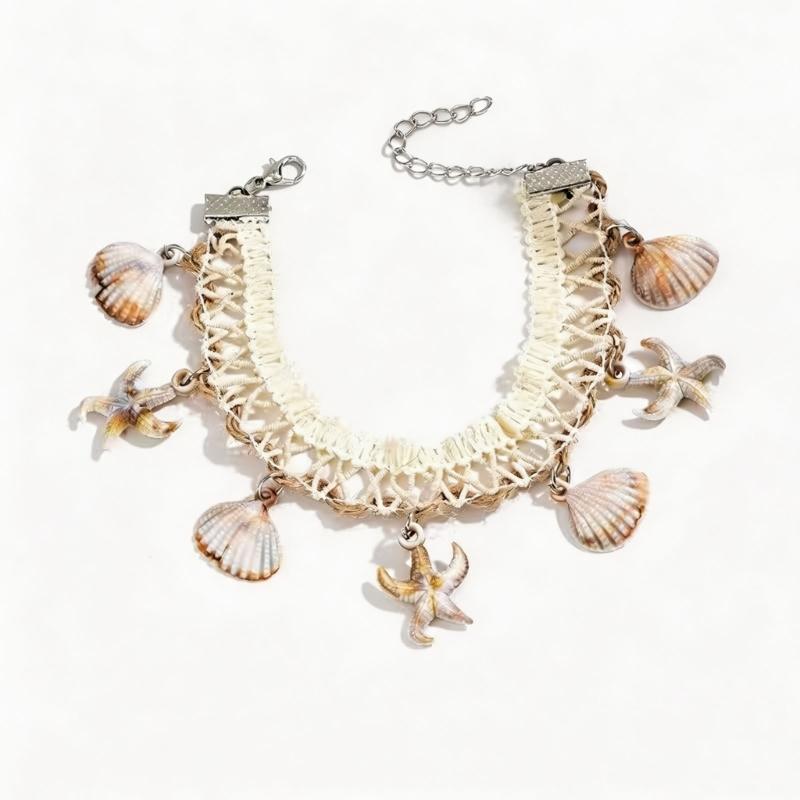 Beach Shell Anklet with Woven Cord Band and Adjustable Lobster Clasp, Coastal Ankle Bracelet Jewelry for Resort Travel Looks, Sandals, and Casual