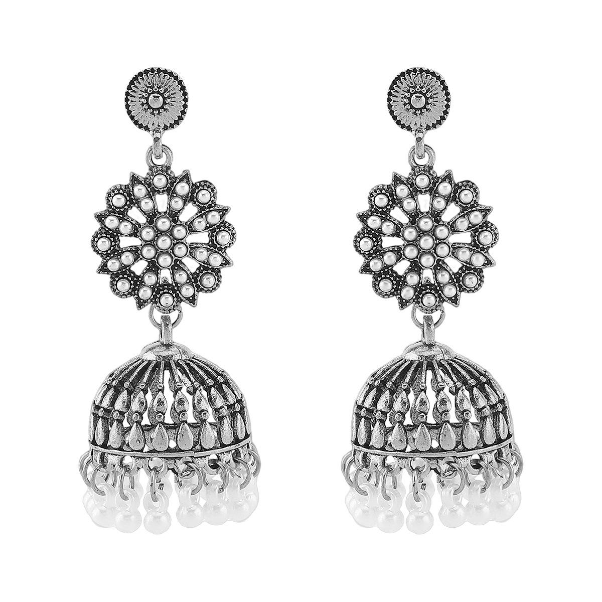 Богемные этнические серьги-гвоздики с колокольчиками из сплава, ретро-цветок, инкрустированный стразами, с кисточкой, модные женские украшения