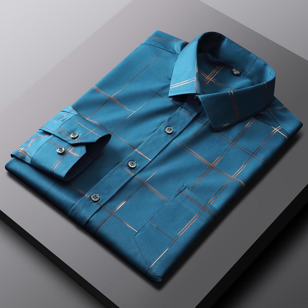 Old Money Style Sleek Stretch Wrinkle-Free Clothes for Man Long Sleeve Striped Printed Lightweight Dress Shirt with Pocket