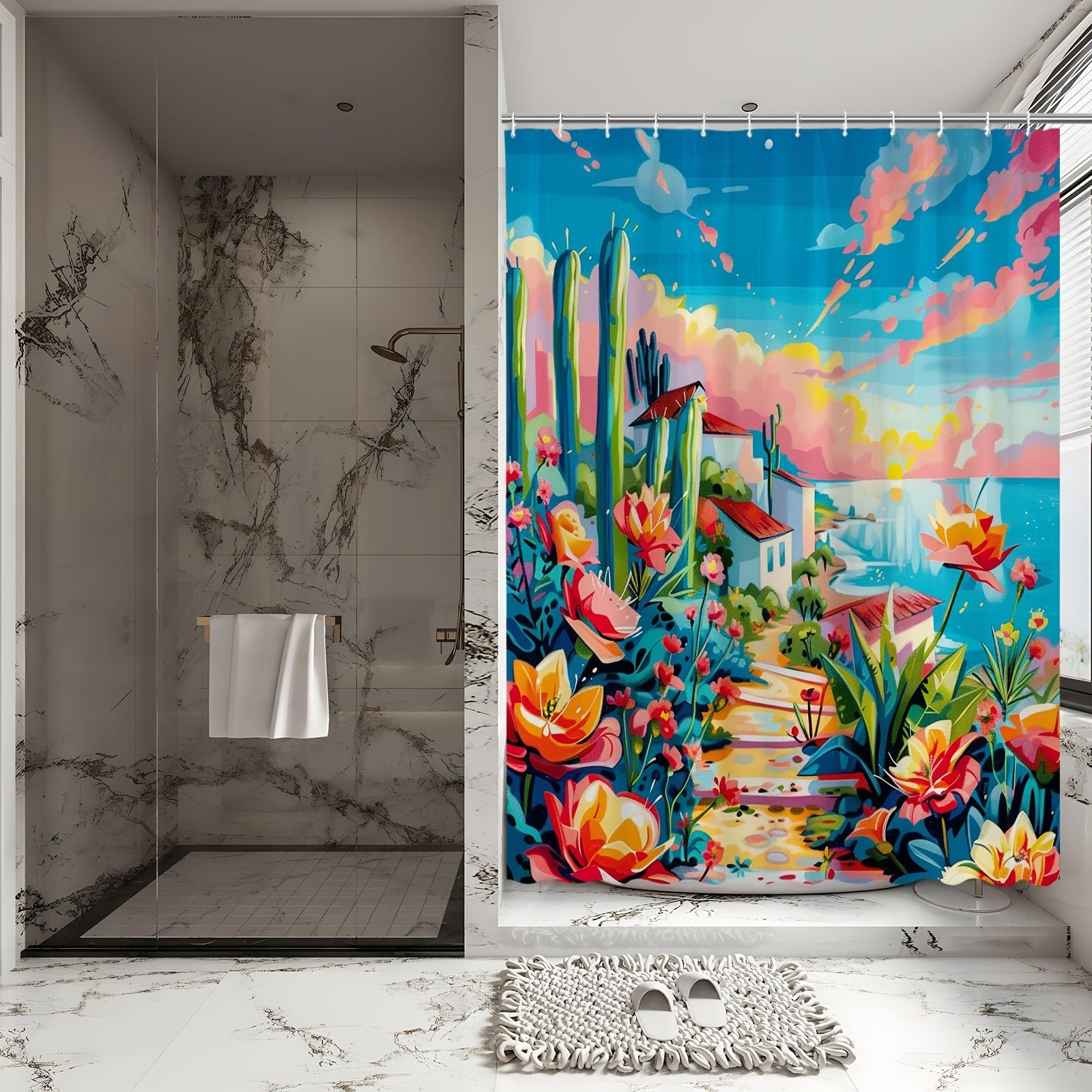 

Vibrant Desert Oasis Shower Curtain - Colorful Cactus & Floral Theme For Bathroom Decor, Adds Exotic Beauty And Warmth W60H190(CM)-1 Pcs