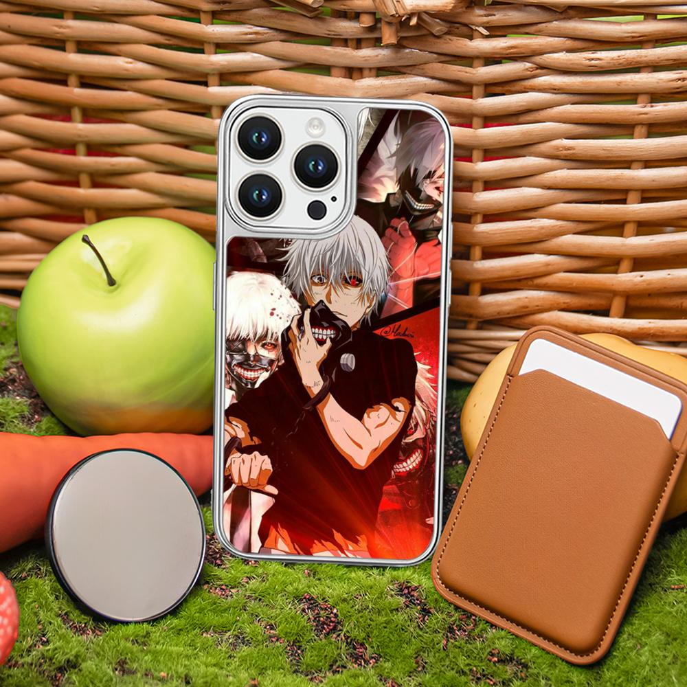 

Pop Hot Tokyo Ghoul anime pattern Phone Case for iPhone 16 15 14 13 12 11 Pro Max Sheepskin Silver-edged protective case iPhone 14 Pro