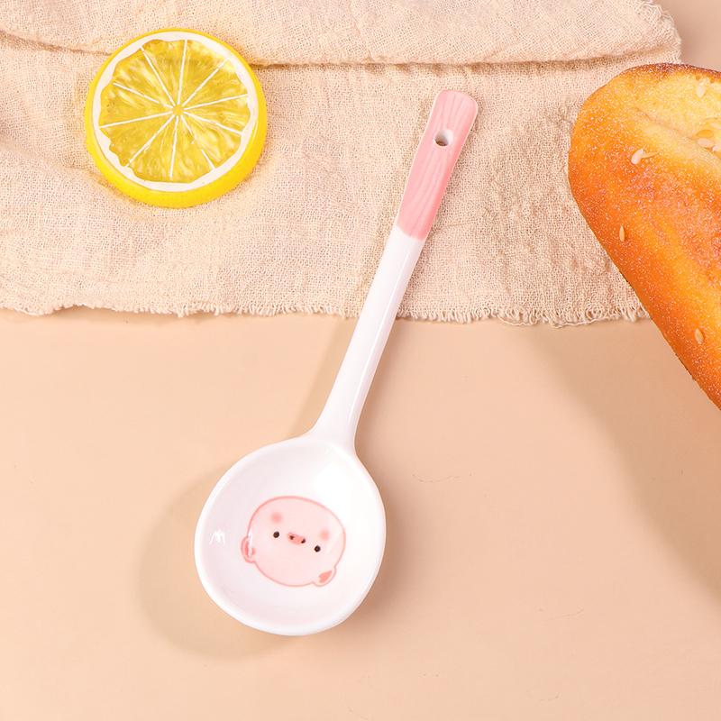 Kawaii Prase Keramická Polévková Lžíce Roztomilá Zmrzlina Ručně Malovaná Kávová Dezertní Lžíce s Dlouhou Rukojetí Kuchyňské Doplňky