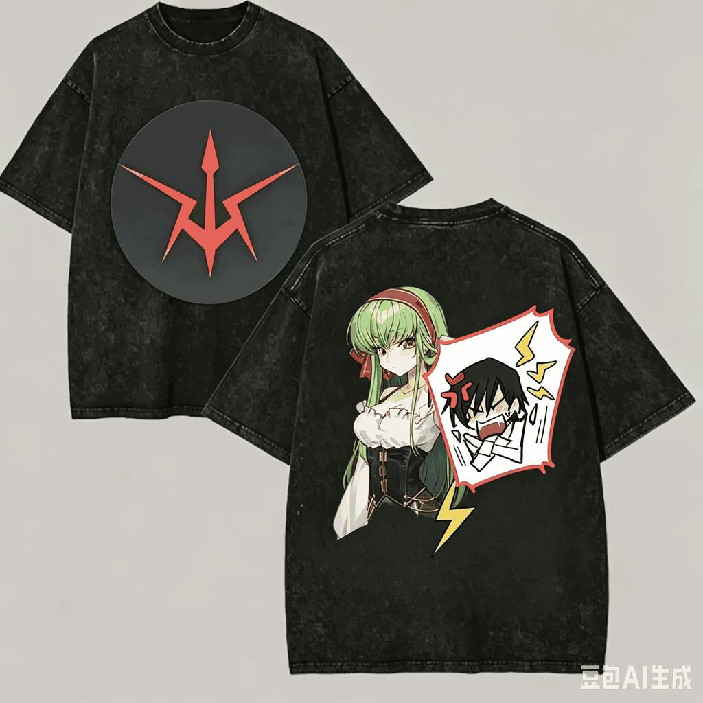 Maglietta Vintage Lavata Code Geass Manga Grafica Double Sided Morbido Cotone Girocollo Manica Corta Unisex Oversize Streetwear T-shirt