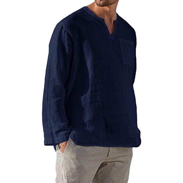 Cotton Linen Men Shirt Brief Breathable Comfy Solid Color Long Sleeve V-neck Casual Blouse Hawaiian Shirt Oversize Tops