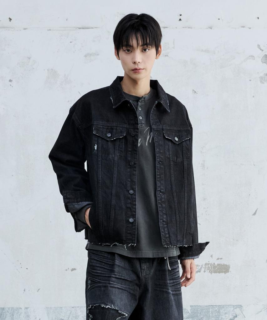 Maison Mined Cut Out Denim Trucker Jacket Black
