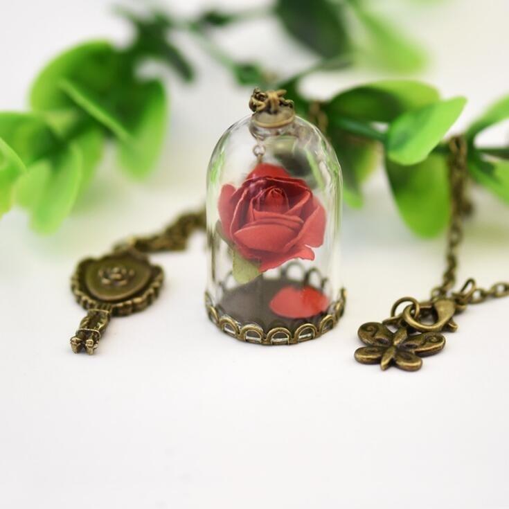 Enchanted Inspired Rose In a Glass Bottle Copper Plated Necklace Dome Bronze Mirror Charm