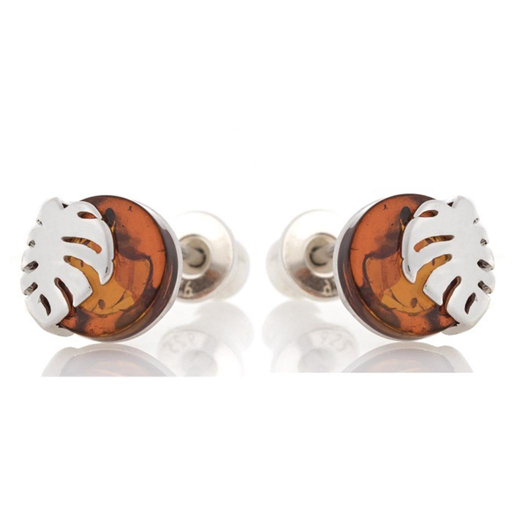 Les Trésors De Lily [R5662] - Cognac Amber 'Inspiration' Silver Earrings (rhodium) - 8x8mm (monstera)