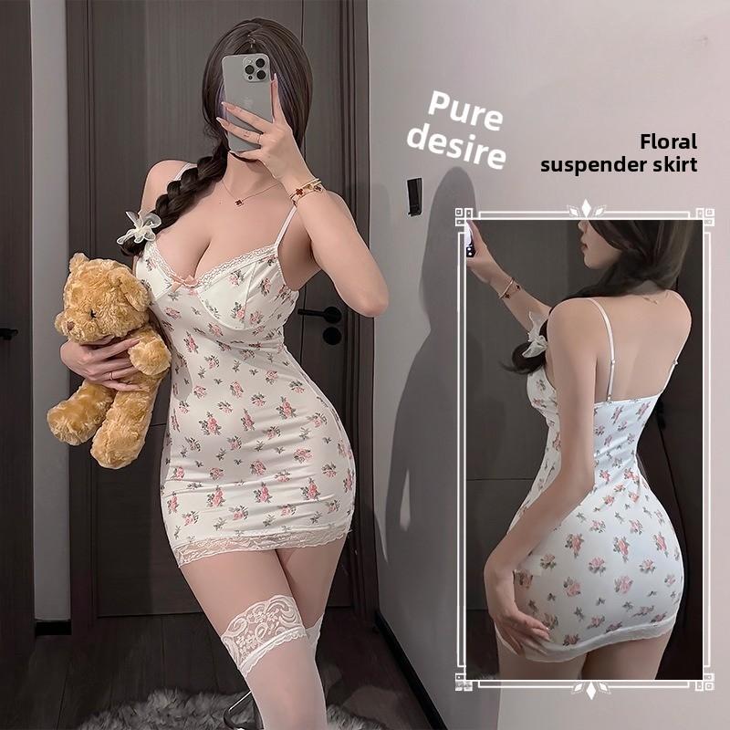 Sexy Floral Patchwork Lace Lingerie Dress for Women Low Cut Pure Desire Style Spaghetti Strap Bodycon Nightwear Sleepwear Outfit