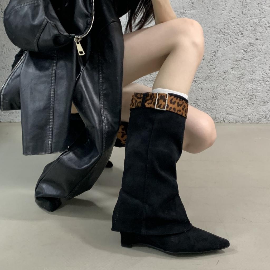 Cowhide~ French temperament trouser boots women's new retro fashion but knee western cowboy boots pointed fashion boots