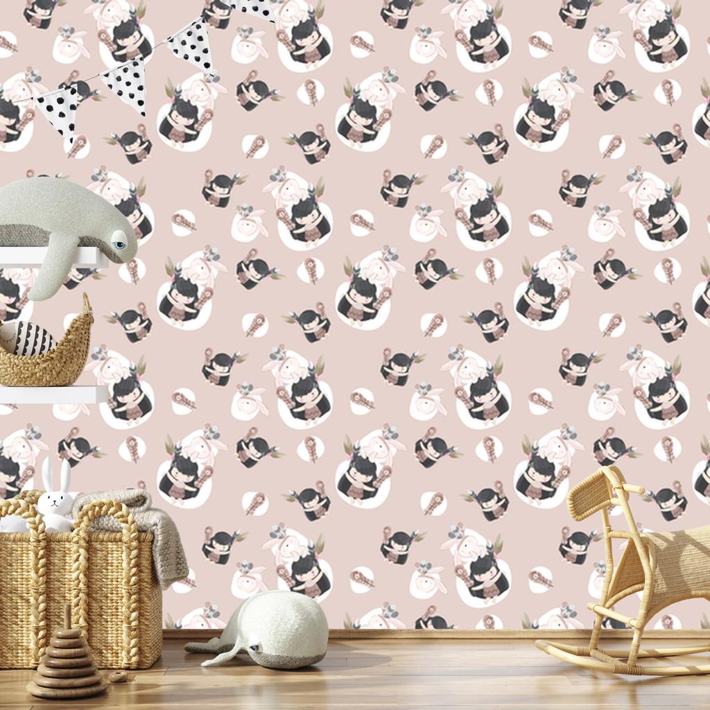 Indian wallpaper with bunnies and feathers for living room and bedroom 50x1000