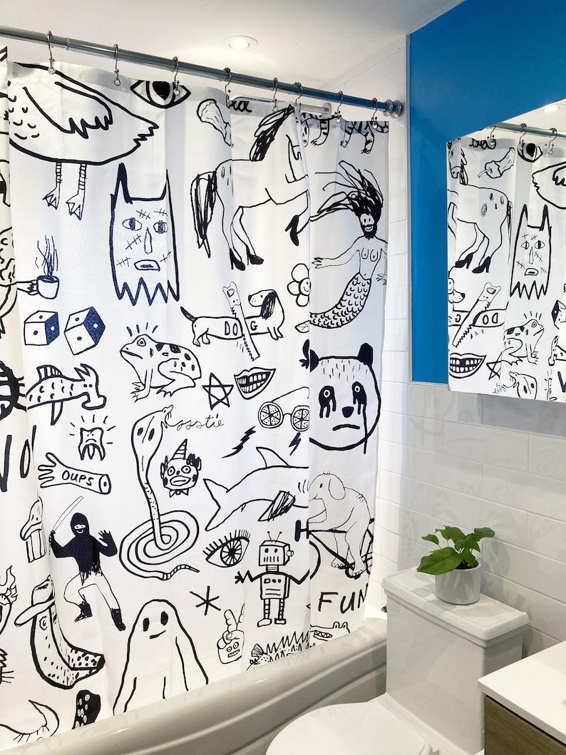 Tonnika Chen Black/White & Hand-Drawn Shower Curtain - Unique Doodle Art Design, Water-Resistant Washable Fabric