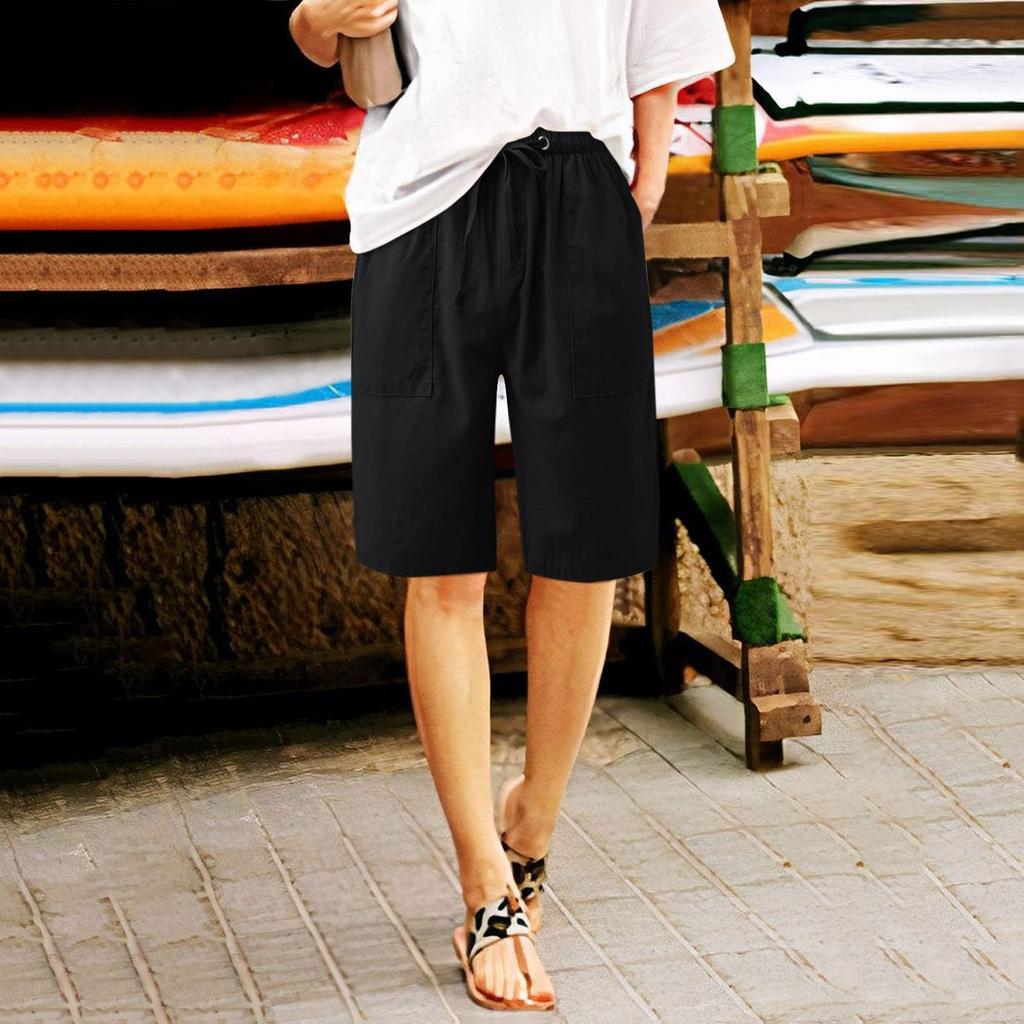 Pantaloni de damă din bumbac și in, cu talie elastică, cu bretele cu șnur, buzunar confortabil și pantaloni din două piese