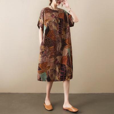 Summer Floral Printed Cotton Linen Dresses Art Retro Loose O Neck Short Sleeve Fat MM Knee Over Dress for Women