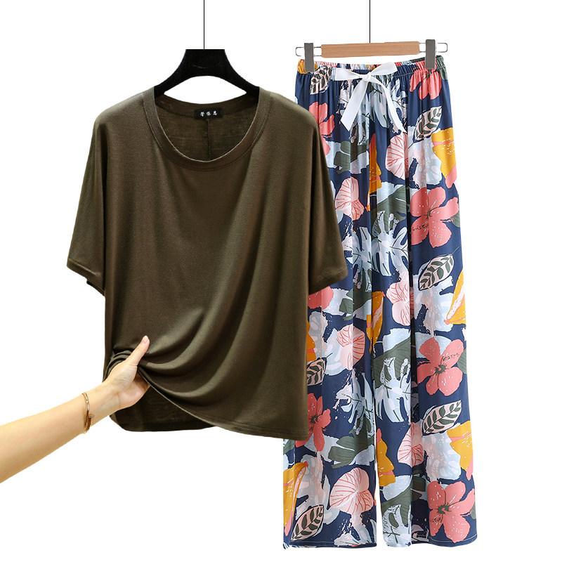 T-shirt girocollo in modal con pantaloni a gamba larga floreali in popeline Set pigiama estivo sottile Tuta casual larga per dormire Loungewear comodo tutto da abbinare
