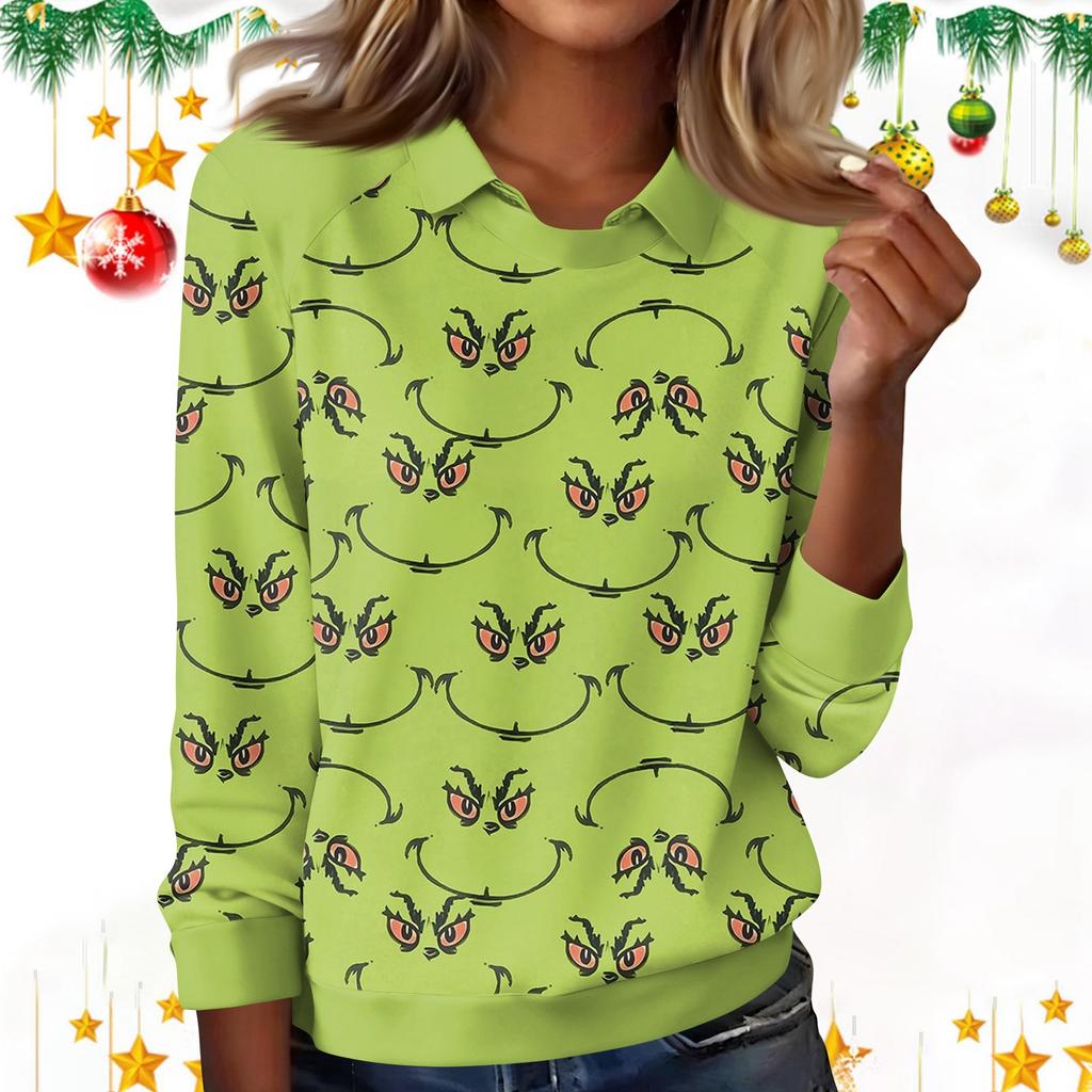 Women's Fashion Christmas Print Lapel Long Sleeve Casual Crewneck T-Shirt Top