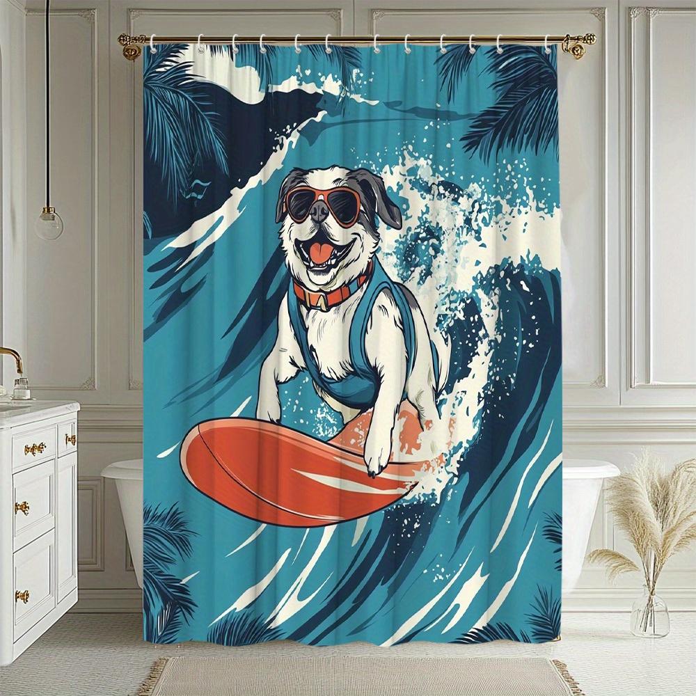 1 Stück Hund Surfen Duschvorhang Mit Lustigem Tier Muster Landschaftsdekor Badezimmerdekoration Polyestergewebe Enthält 12 Haken