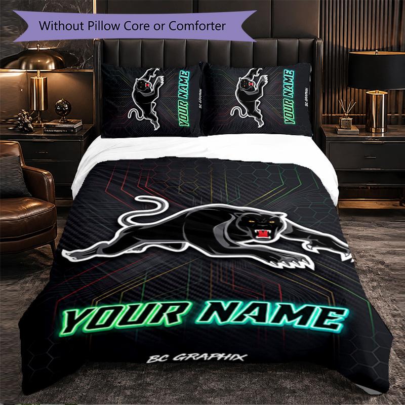 Set Biancheria da Letto Personalizzato Penrith Panthers con Testo Nome, 1 Copripiumino & 2 Federe Regalo Personalizzato per Camera da Letto
