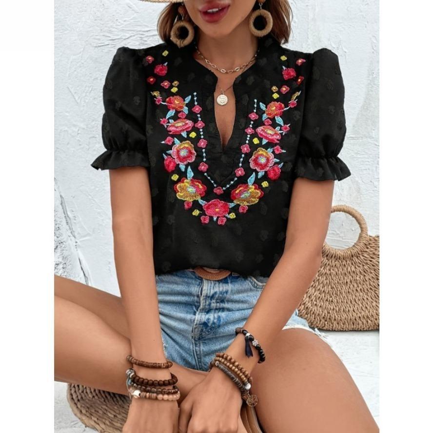 Women's Fashion Casual Summer Spring Flower Pattern Print Short Sleeve V-Neck Blouses & Shirts