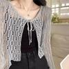 Hollow Crochet Knitted Sweater Women's Summer Outer Shawl Air-conditioning Blouse Short Temperament Gentle Lace-up Top