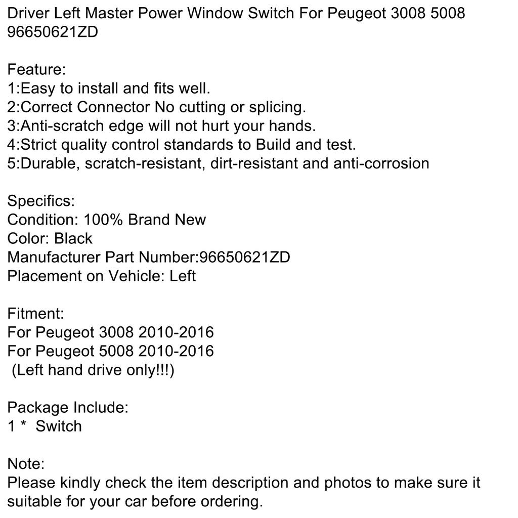 Driver Left Master Power Window Switch For Peugeot 3008 5008 96650621ZD