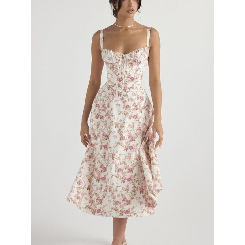 Sweet Summer Fashion off-Neck Shoelace Floral Tight Waist Split Mid Length Long Length Sling Dress Dress