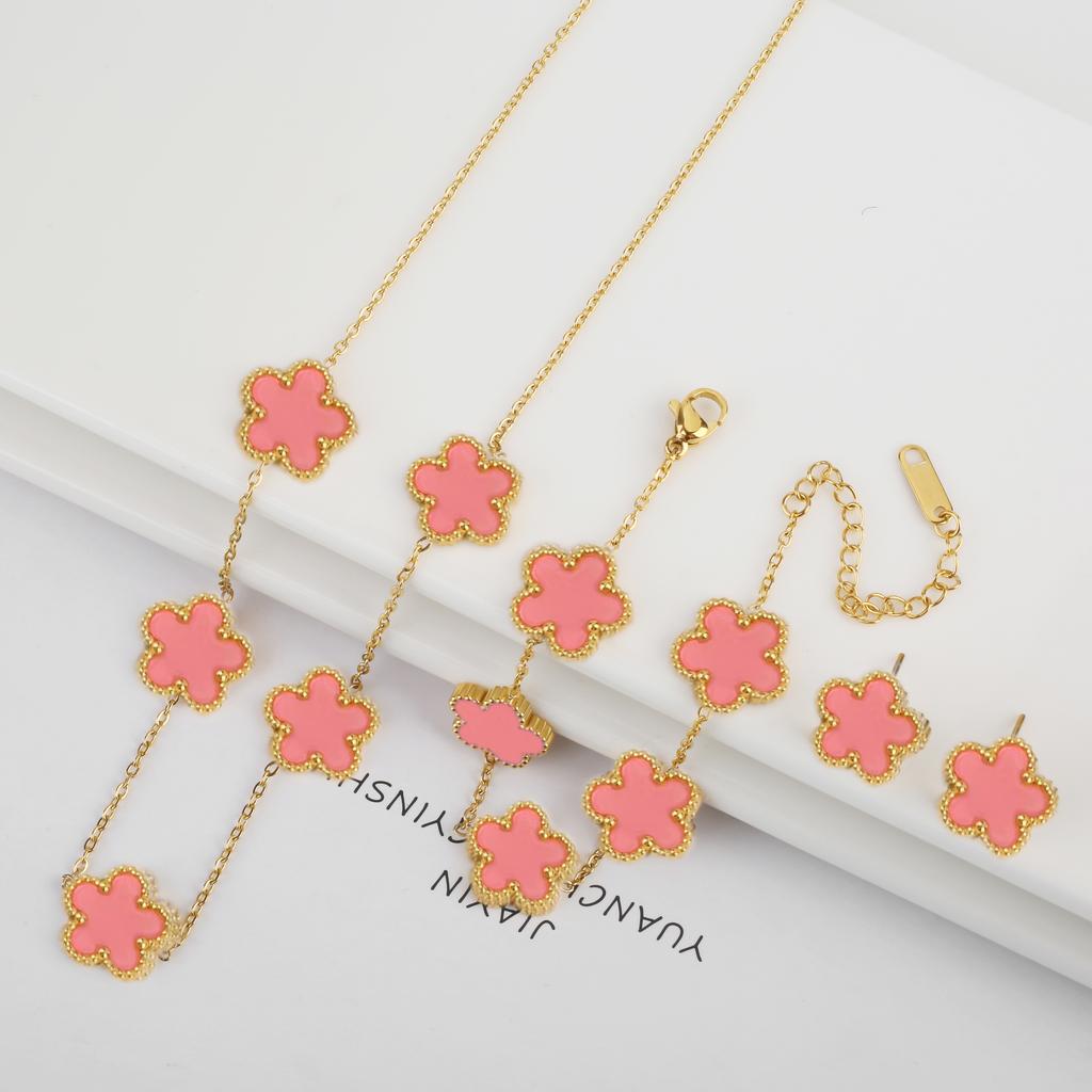 Klassiskt Rostfritt Stål Fembladig Blomma Smyckeset Halsband Armband Örhängen Enkelt för Kvinna Flicka Fest Vardagsbruk Smycken