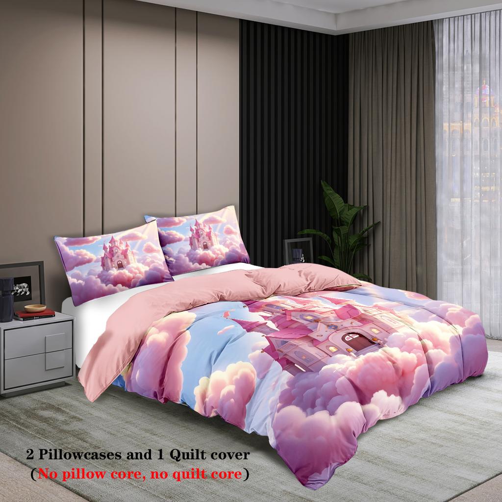 3pcs Pink Castle in The Sky Pattern Print Duvet Cover Set, Soft,comfortable and Breathable,for Bedroom,Hotel,Best Gift for Girls