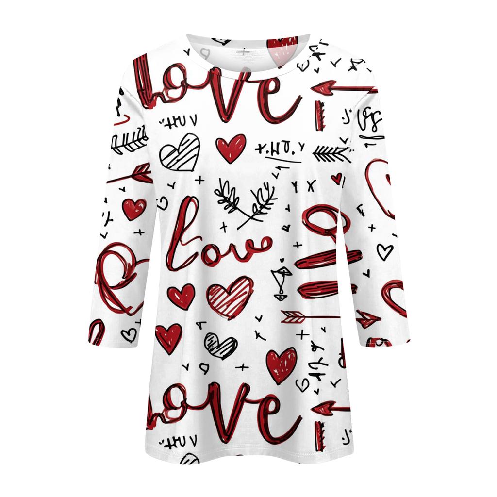 Women's Fashionable Casual Three,quarter Sleeve Heart,shaped Printed Round,neck Top