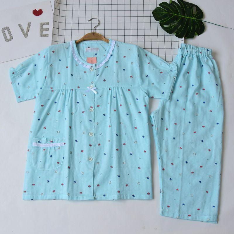 

Export Japanese Single Women s Pure Cotton Gauze Pajamas Suit Summer Thin round Neck Print Short Sleeve Cropped Pants Home Wear Light blue M