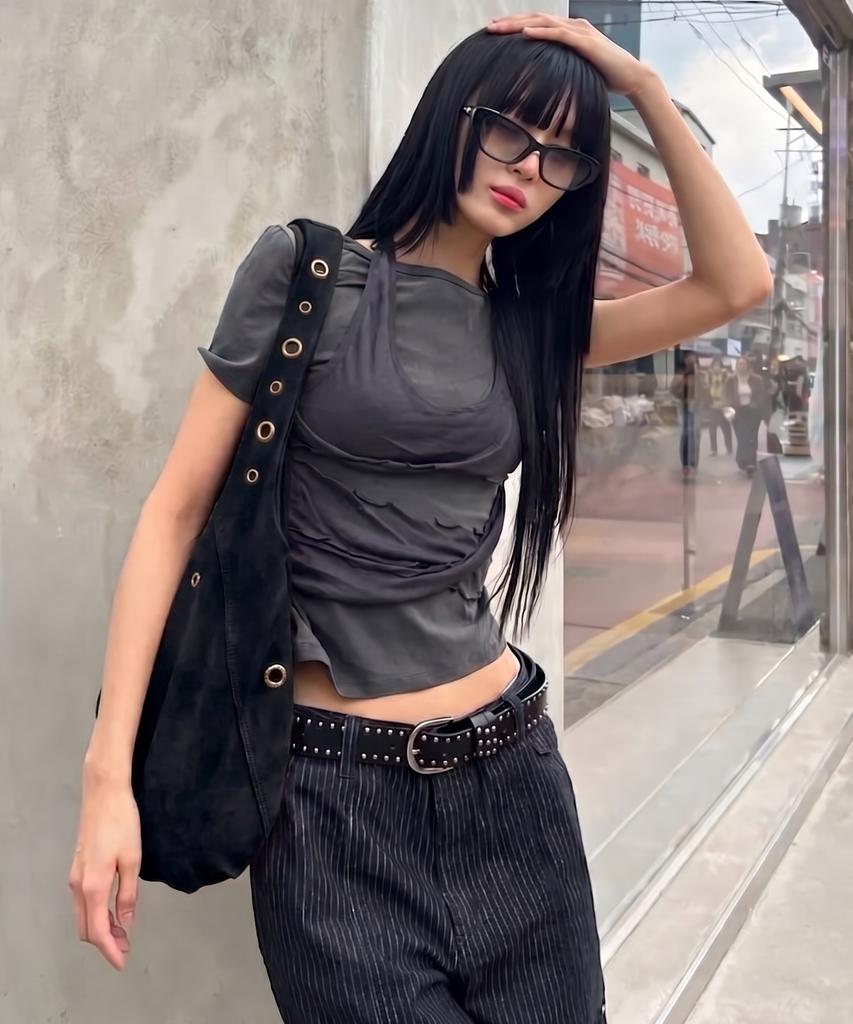 UNKNOWN PLANET Layered Deconstructed Slim T-Shirt Charcoal