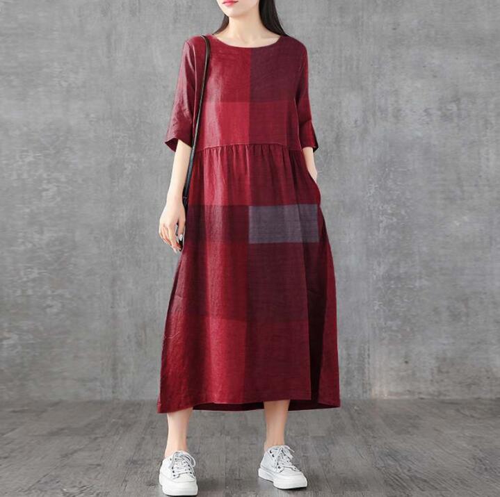 New Arrival: Cotton Plaid Mid-Length Loose Casual Dress