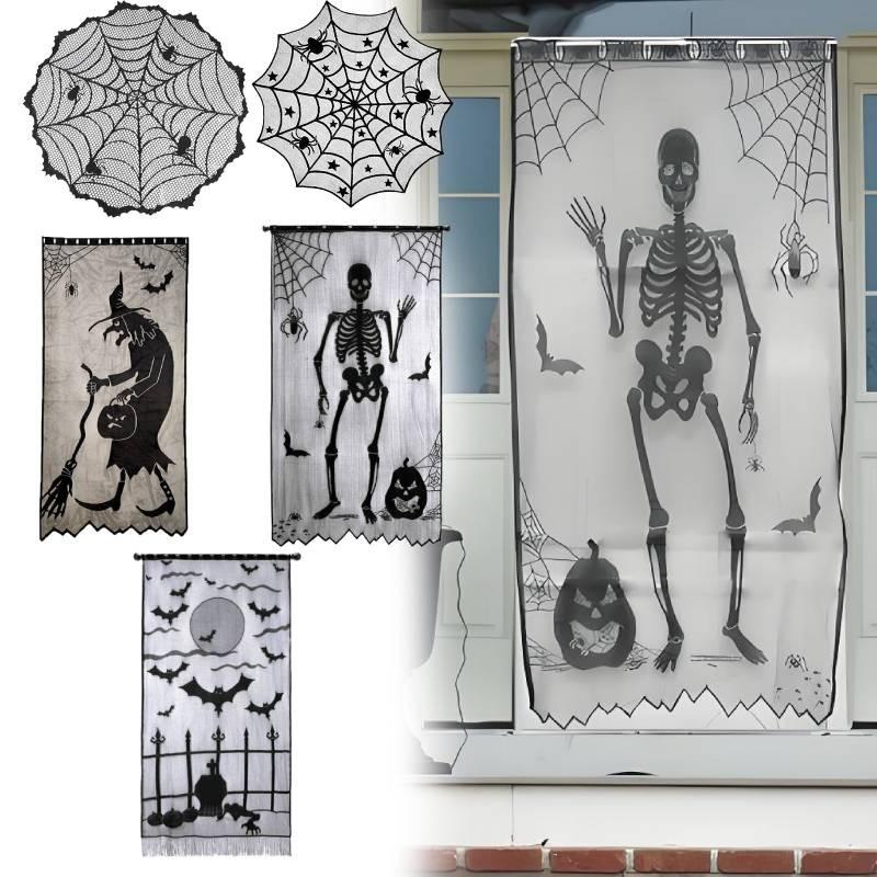 Stylish Black Lace Halloween Table Flag Featuring Creepy Bat And Spider Web Patterns