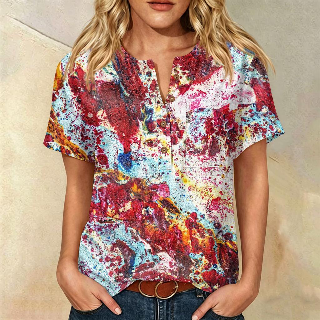 Damenmode Bedrucktes kurzärmeliges Baumwoll-Leinen-Henley-Shirt mit Knopfleiste und Brusttasche für Freizeitkleidung