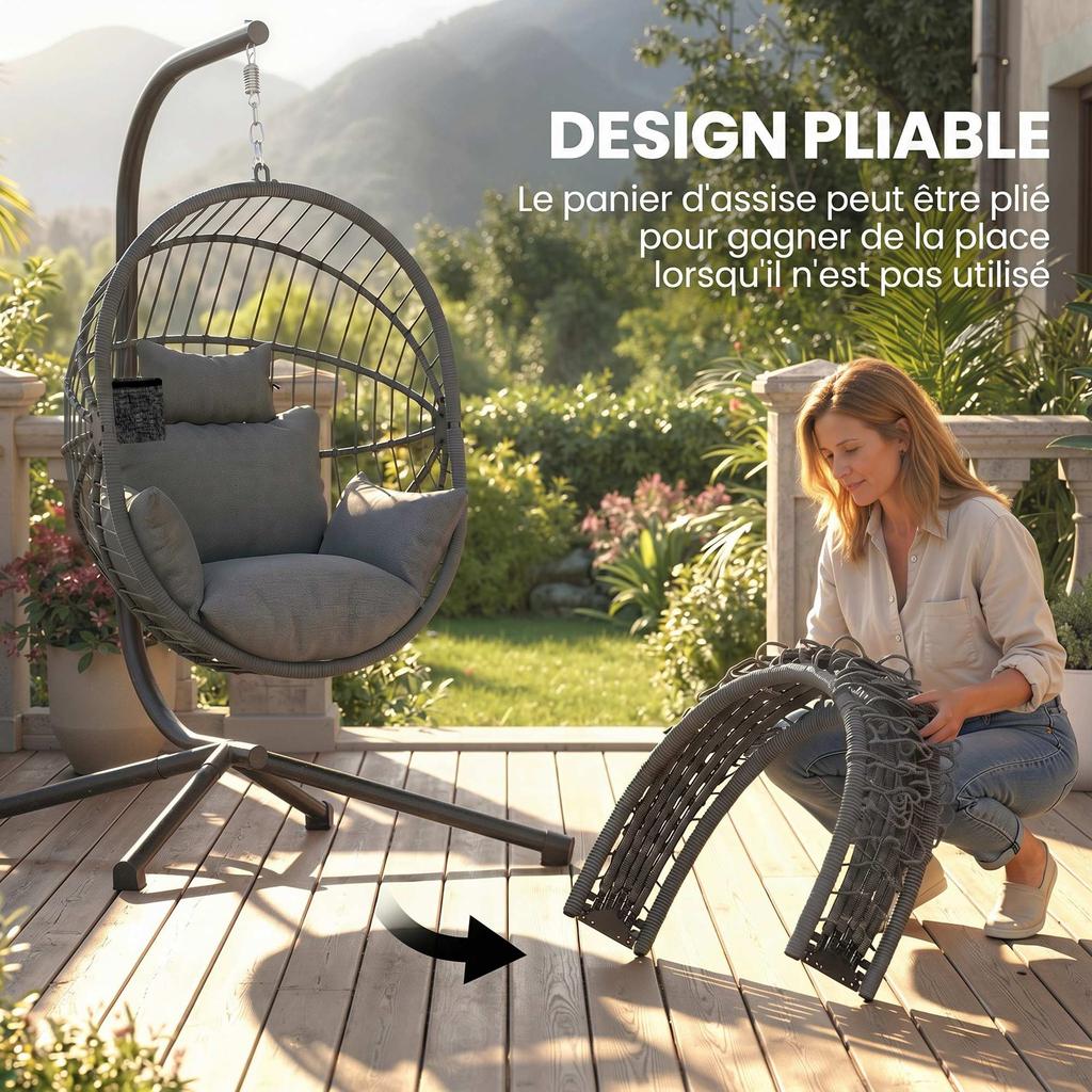 Hanging Egg Chair, Hammock Swing, Folding Basket, Padded Cushion, Grey
