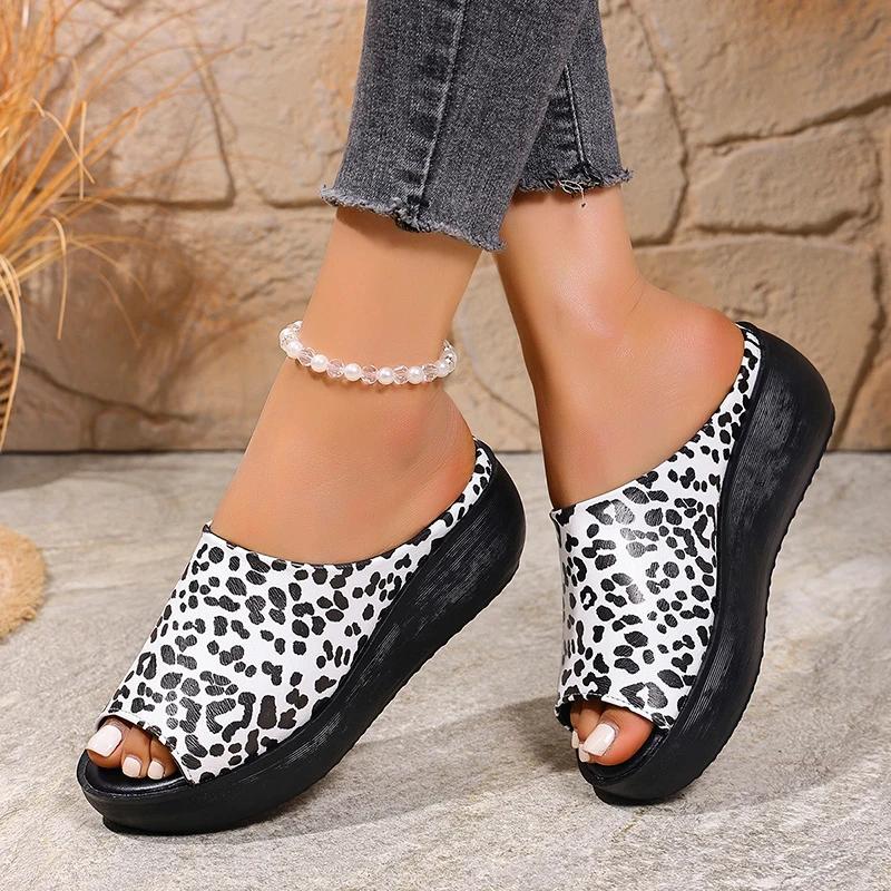 Fashion Leopard Zebra Print Decor Wedges Sandals Women Summer Thick Sole Non Slip Slippers Woman Plus Size Chunky Platform Beach Shoes