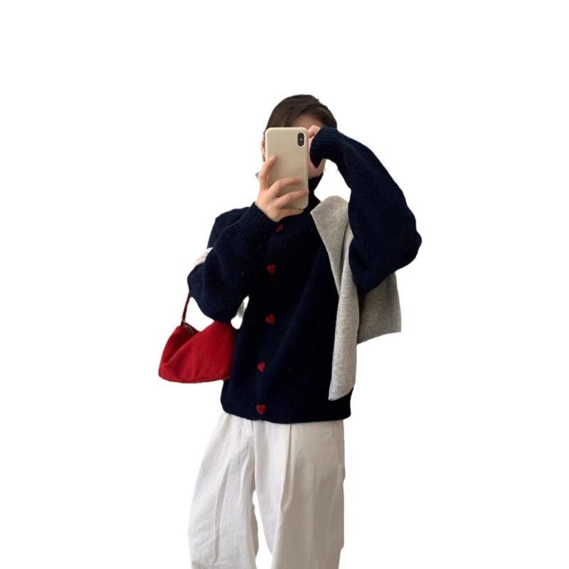 Early Spring New Love Buckle Lapel Loose Simple Temperament Knitted Cardigan Women's New Solid Color Sweater Jacket