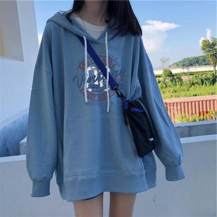

Loose Thin Hooded Pullover Hoodies Women Autumn Long Sleeve Letter Print Lazy Style Ladies Student M синий